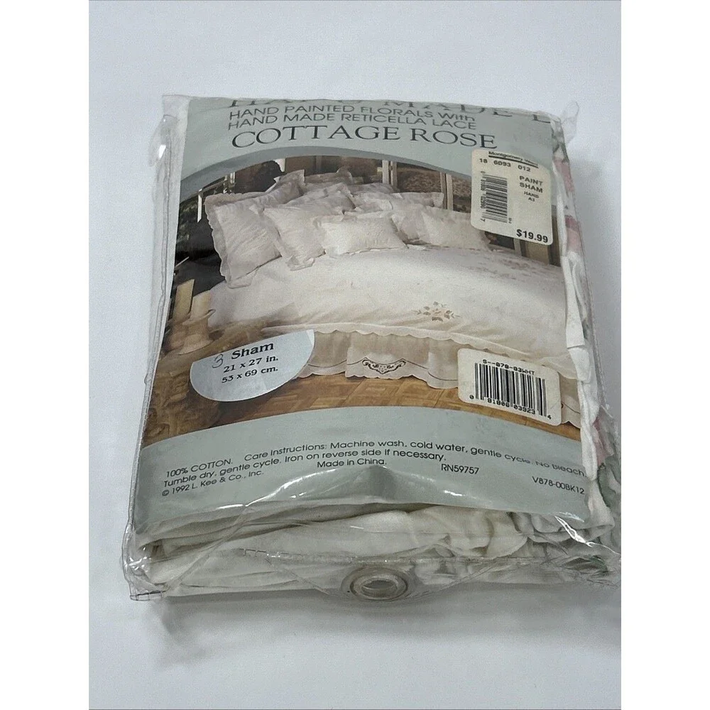 3 Hand Made Lace Sham Pillow Cover Cottage Rose Painted Floral 21 x 27 White